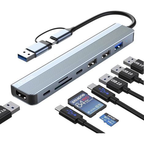 USB-C 3.0 Hub, 8-in-2 USB-Hub Multiport-Lesegerät mit USB 3.0, 3 USB 2.0, SD/TF-Kartenleser, 2 USB-C-Anschlüssen, Typ-C-Hub für MacBook Air/Pro, Galaxy, iPad, Windows, Laptop usw. (1/5)