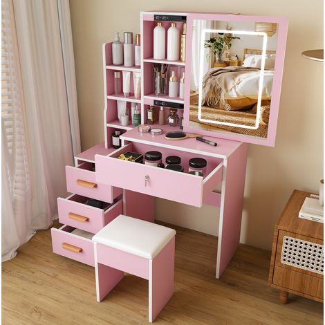 Table de maquillage rose avec miroir LED, 4 tiroirs et tabouret, MDF, 85 x 130 x 34 cm (1/5)