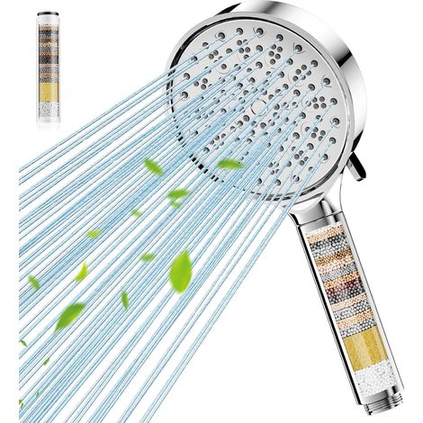 Filtre anti-calcaire pour pommeau de douche, 20 étapes de filtration, 6 jets haute pression, finition chromée (1/5)