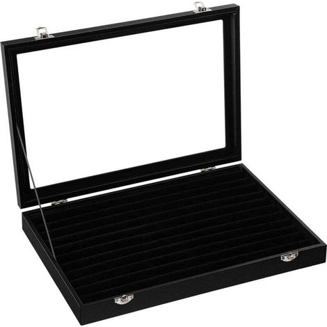 Présentoir à bijoux, Coffret à bijoux, pour Bagues, Clous d’oreilles, Couvercle en Vitre, Noir (1/4)