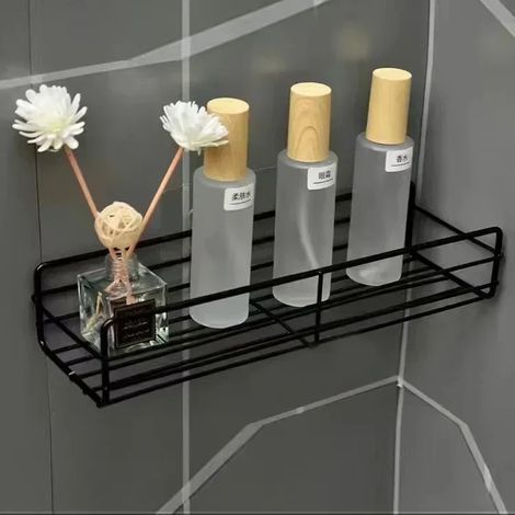Étagère de salle de bain (rectangulaire noire) fixée au mur, étagère d'angle avec rangement, porte-shampoing, étagère à cosmétiques, panier de douche en fer, organisateur de salle de bain (1/5)