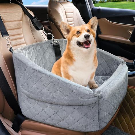 Kleiner Hundeautositz, herausnehmbare und waschbare Sitzerhöhungen, Haustierautositz mit Sicherheitsleine und Aufbewahrungstaschen (grau) (1/5)