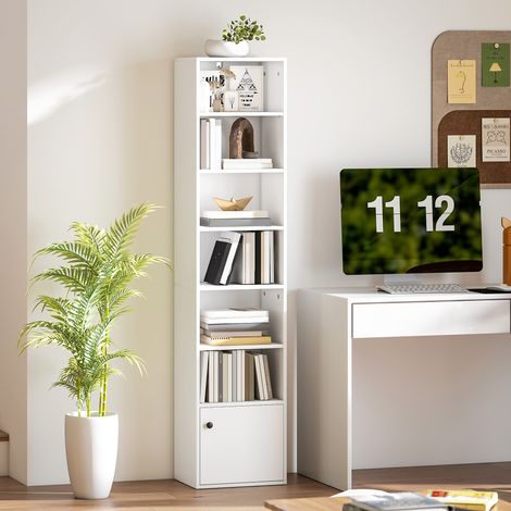 Libreria a 7 ripiani, moderna, con ripiani a giorno e anta, 40x30x180 cm, bianca. (1/5)