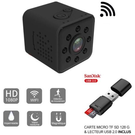 Mini caméra HD WiFi Petite Grand Angle 1080P Etanche Caméscope + Carte Micro TF SD 128Go + Lecteur USB 2.0 - DVR Sport Micro (1/5)