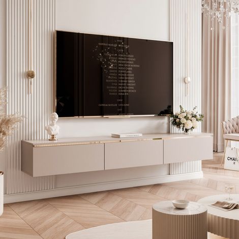 Meuble TV Mural avec LED SELIA - 3 portes sans poignées - 200x35x29 cm - façades lisses - Cachemire (1/5)
