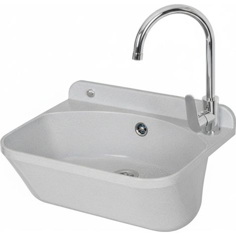 Lavatoio in resina 46x36 bianco con miscelatore a canna alta inox e scarico incluso
