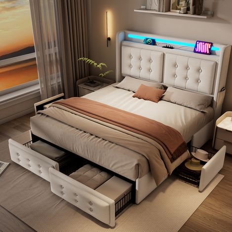 Polsterbett 180x200 mit LED, USB-C und 4 Schubladen, beige OKMYHOME (1/5)