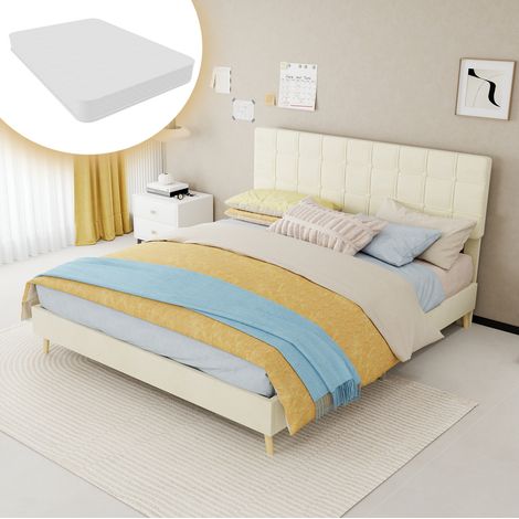Lit capitonné beige 160x200 cm avec tête de lit à carreaux et matelas inclus (1/5)