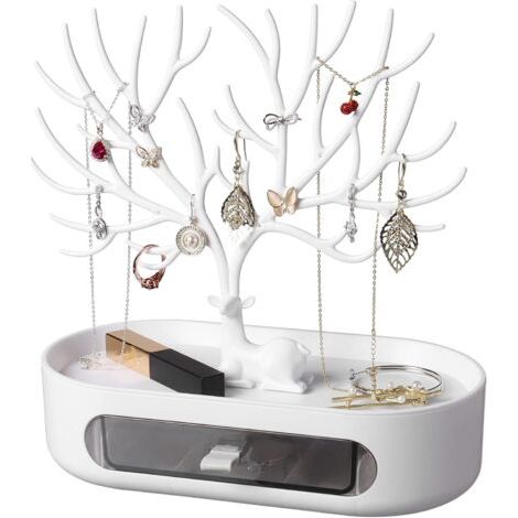 QORVA-(Blanc & Transparente) Arbre Présentoir à Bijoux, Support Arbre Bijoux en Plastique avec Tiroirs, Porte Bijoux pour Boucles d'Oreilles, Colliers, Brac (1/5)
