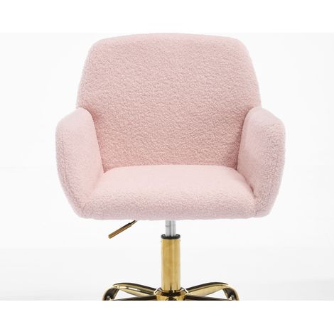 Chaise de bureau pivotante en fausse fourrure, hauteur réglable, avec roulettes silencieuses, 53x53x55 cm, rose (1/5)