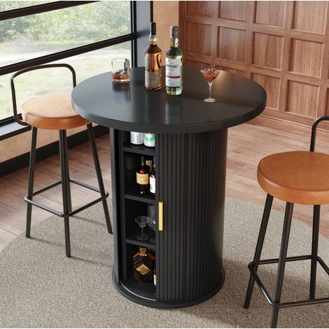 REDOM - Tavolo da bar rotondo 60x60x91.6 cm - con vano contenitore a 4 ripiani e porta scorrevole - MDF e metallo - nero (1/5)