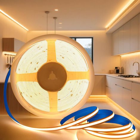 Ruban LED COB 12V, Bande LED 5M Blanc Chaud 3000K Lumineuse LED Découpable Bandeau Largeur 8mm 320LED/M CRI90 Flexible Ruban Eclairage Intérieur pour Chambre, Cuisine, Sans Alimentation (1/5)