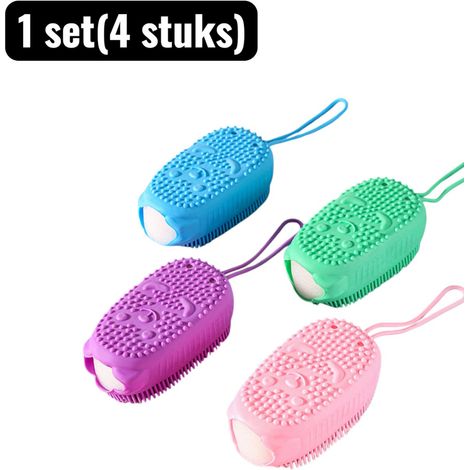Lot de 4 gants de toilette en silicone double face souples et fermes avec poignée antidérapante pour douche massage exfoliation douce et nettoyage du corps (1/5)