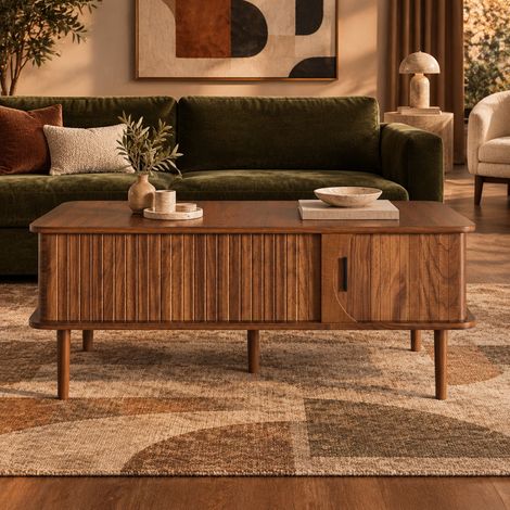 Mesa de centro elevable con puerta corredera y almacenaje, MDF color nogal, 100x48 cm OKMYHOME (1/5)
