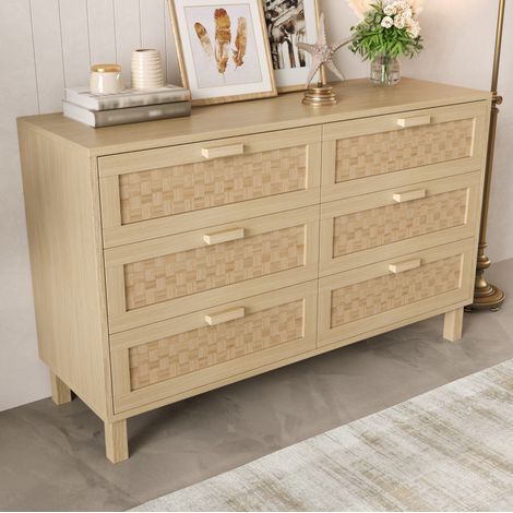 Sideboard 120x40x75 cm Naturfarbe aus Spanplatte mit 6 Schubladen und Rattanoptik (1/5)