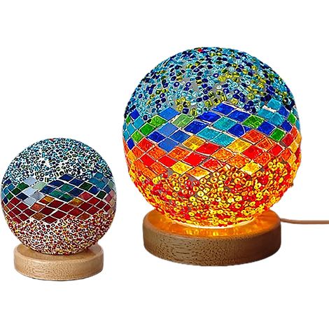 Lámpara de ambiente artesanal de madera y vidrio mosaico – estilo marroquí-bohemio (azul mediterráneo, tamaño estándar) – iluminación USB de tres colores con función de atenuación continua. (1/2)
