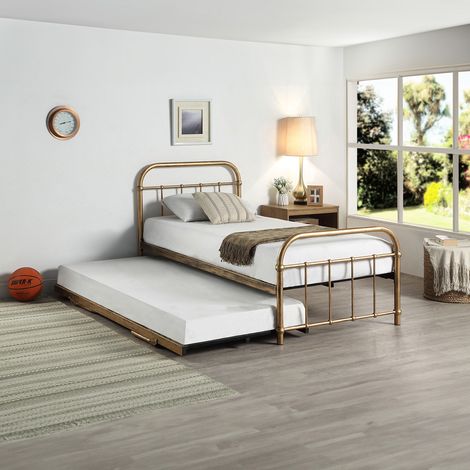 TEWIN TRADITIONAL HOSPITAL STYLE SINGLE METAL BED FRAME & GUEST TRUNDLE ANTIQUE BRASS (1/5)