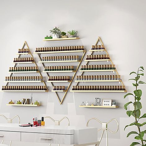 Lot de 3 étagères à vernis à ongles Étagères triangulaires en métal Capacité de charge 50 kg Support mural pour salons de manucure, salons, appartements - Doré (1/5)