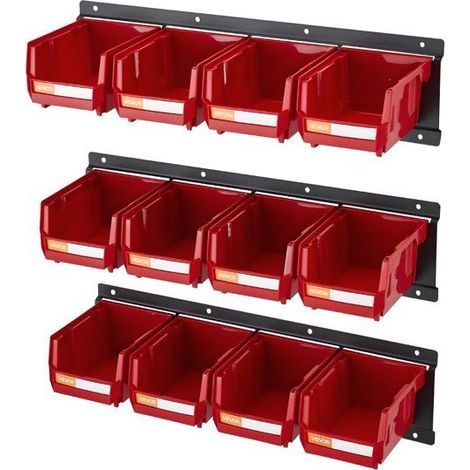 Bac à bec mural rouge - 12 pièces - 137 x 105 x 75 mm - Plastique PP - 3 rails métalliques (1/5)