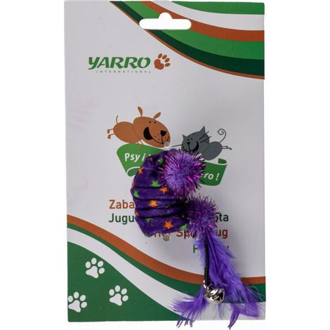Yarro  Giocattolo per gatti  Molla viola rivestita in tessuto con piccoli pompon da 6 cm con campanellino + piume - Molla viola rivestita in tessuto con piccoli pompon da 6 cm con campanellino + piume (1/2)