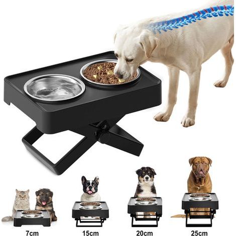Gamelles double Chat Chien - 2 gamelles en acier inoxydable - gamelles relevables pour animaux de compagnie - noir (1/4)