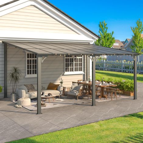 YODOLLA 4,9 × 3,6 m Terrassenüberdachung für Garten – großes wandmontierter Pergola aus feuerverzinktem Stahl, 127 km/h windbeständig, schwere Pavillon für Hinterhof und Terrasse, Schwarz