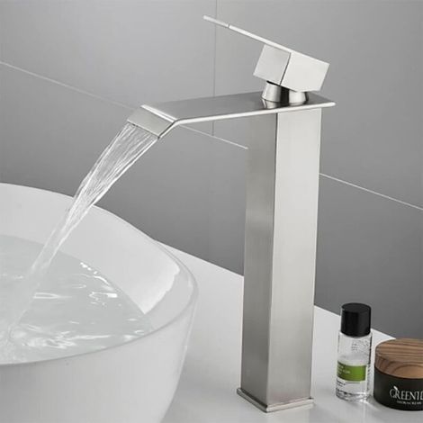 Ineasicer Robinet Cascade Haut Salle de Bain Rectangulaire Monotrou Cartouche Céramique Chaude Froide Réglable Mitigeur pour Vasque Lavabo Acier Inox Chromé Argent sans Plomb (1/4)