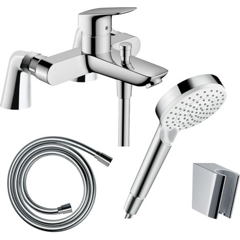 Pack mezclador mecánico de bañera HANSGROHE Logis + rociador de ducha Crometta EcoSmart + flexo Isiflex + soporte y elevadores cromados