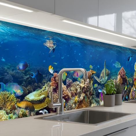 Kitchen Splashback Underwater landscape - Fish - Turtle - Blue 350x60 cm