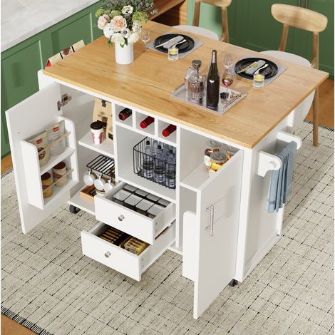 Îlot de cuisine 137.9x73x92 cm blanc en MDF et métal avec plateau rabattable et roulettes