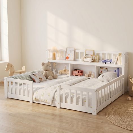 Letto Montessori 140x200 cm con libreria e barriera, letto a terra in legno, bianco