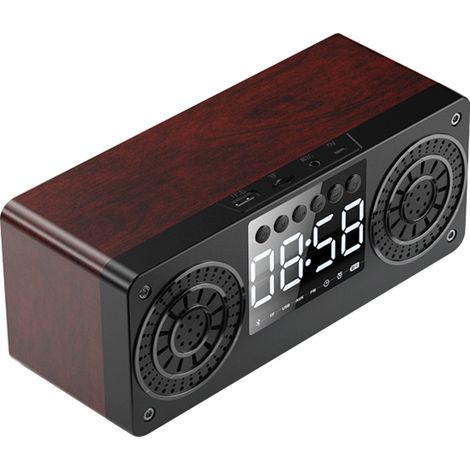 Enceinte Bluetooth - Horloge En Bois - 6 W - 200 x 76 x 80 mm - Fonctions Radio FM Carte TF Clé USB Entrée AUX - Batterie 1200 mAh - 1 Pièce (1/5)