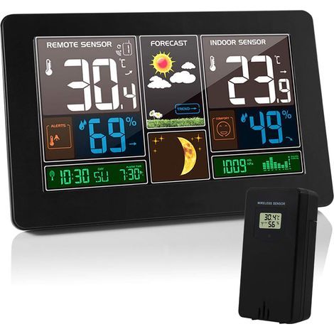 Weather Station Thermometer Hygrometer Barometer Indoor Outdoor with Sensor, LED Screen, Backlight, Digital Clock Displaying Time, Date, Day, Moon Phase (Black) (1/5)