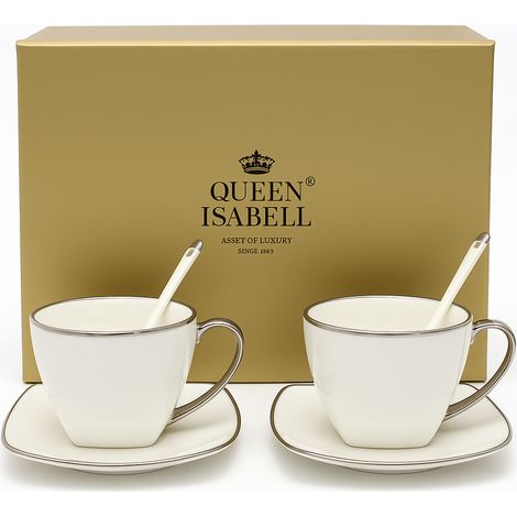 Set di 2 tazze in porcellana bianca con elementi argentati, ideali come regalo. (1/5)