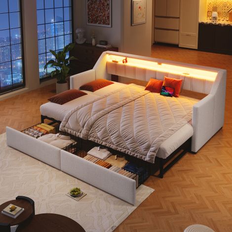 Lit gigogne 90x200 cm, lit enfant avec 2 tiroirs, LED, ports USB et poche latérale, en lin beige, sans matelas (1/5)