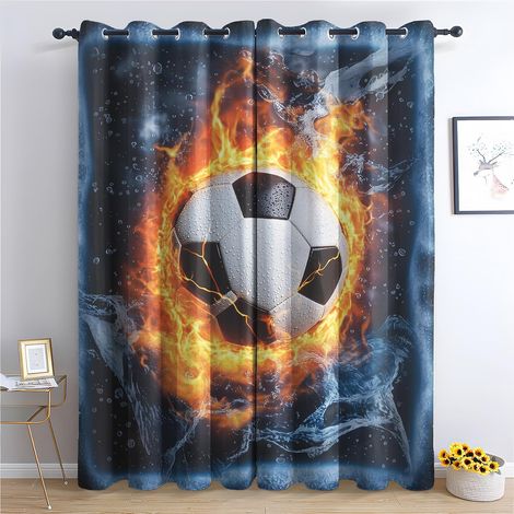 Rideau Occultant Football - Décoration Football, Rideau Thermique Motif Garçon Sport Ballon de Foot, Lot de 2 Rideaux Opaque à Oeillets pour Fenetre Chambre Salon, 140x160 cm (LxH) I439 - 2x L 140 X H (1/5)