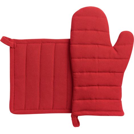 Set de Gant de Cuisine et Manique Matelassés en Coton Recyclé Coloris Rouge 15 x 30 cm - PANGIVO (1/3)