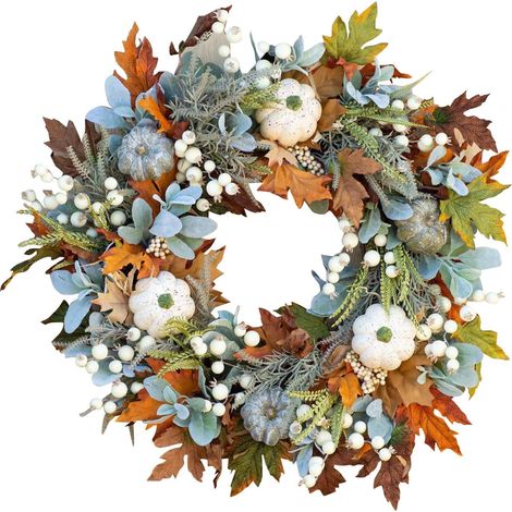 Guirlande De Porte - Couronne Artificielle Feuilles Givrées Citrouille Fleurs Simulées - Décoration Halloween Noël Fenêtre Porte - 1 Pièce (1/5)