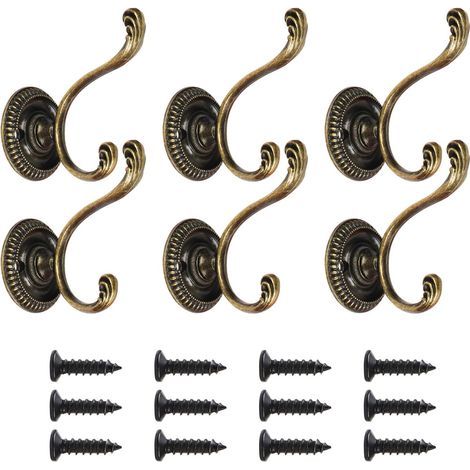 Set of 6 vintage double coat hooks, sturdy wall hooks, clothes hooks, master bedroom hooks, decorative door hooks with screws for bathroom kitchen, bronze (1/5)