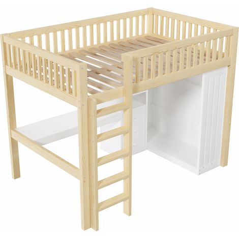 Lit mezzanine, 140200cm, bureau, armoire, 3 tiroirs, rangement ouvert, garde-corps, escalier, sans matelas, naturel