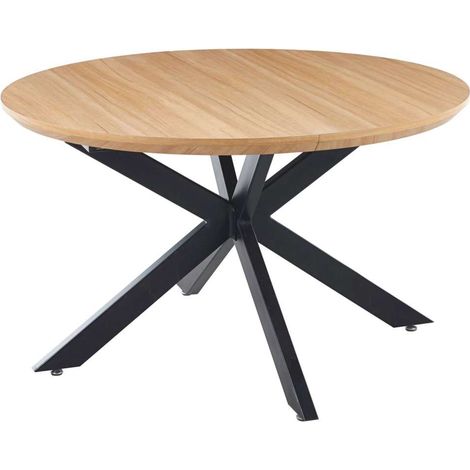 Mesa redonda extensible Cross para salon o cocina acabado oak, patas negras, 76cm(alto) 210cm(ancho) 130cm(largo)