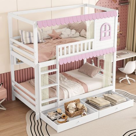 Cama litera infantil con estantes y cajones blanca OKMYHOME (1/5)