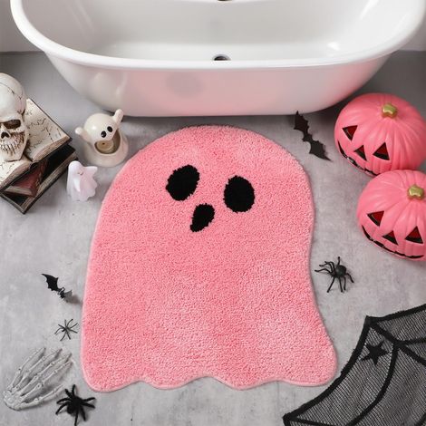 Tapis de salle de bain Halloween en forme de fantôme rose mignon, tapis de sol absorbant en microfibre douce, tapis décor esthétique antidérapant lavable en machine pour douche, chambre, cuisine, entr (1/5)
