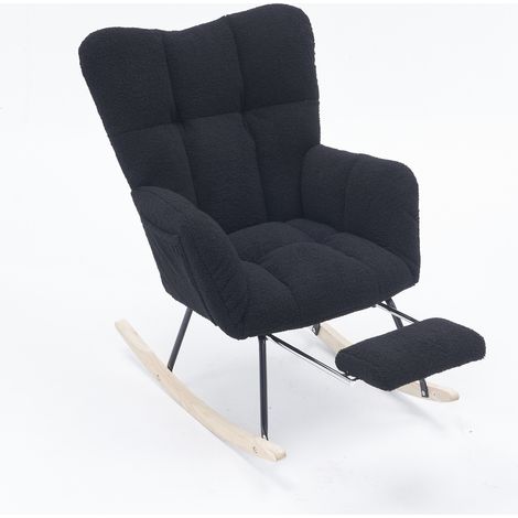 Silla mecedora moderna negra de tejido Teddy acolchado con reposapiés abatible (1/5)