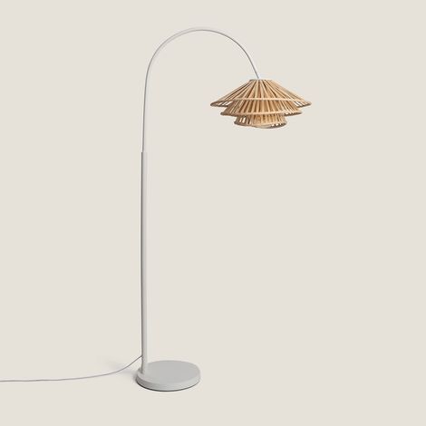 Ledkia – Lampadaire métal et bambou Ailén blanc – Hauteur ajustable – Douille E27 – Éclairage chaleureux pour salon et bureau