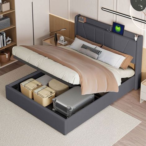 Letto contenitore - Letto contenitore 160 x 200 cm - Rete a doghe - Tessuto grigio - 2 porte USB + 1 USB-C (1/5)