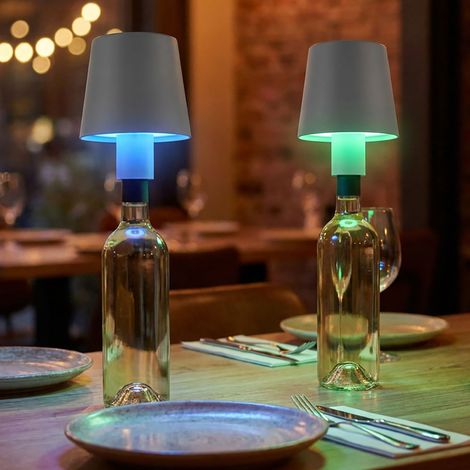 RGB LED Tischlampe Akku Flaschenleuchte Aufsatz Flaschenhals Dekolampe Touchdimmer, USB, grau, 1W kaltweiß, DxH 10,5x14 cm, 2er Set