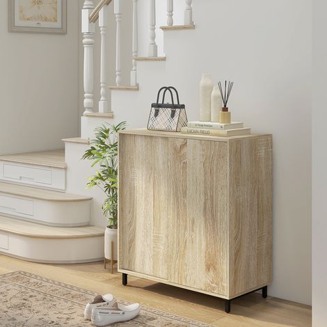 Schuhregal mit 4 Ablagen für den Eingangsbereich, Schuhschrank aus Spanplatte und Stahl mit Schiebetür, Ablagen für bis zu 12 Paar Schuhe, 80 x 40 x 93 cm, Holzfarbe