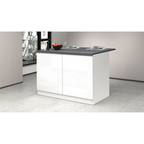 Ilot de cuisine moderne 125 cm blanc brillant/béton Solena (1/5)