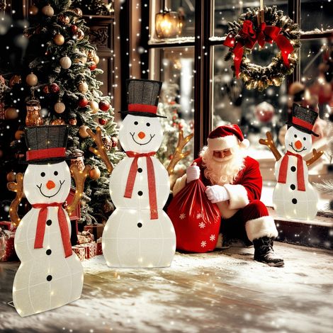 Lot de 3 bonhommes de neige lumineux LED pour extérieur, décorations de Noël, piquets de sol en acier et polyester, blanc, imperméable (1/4)
